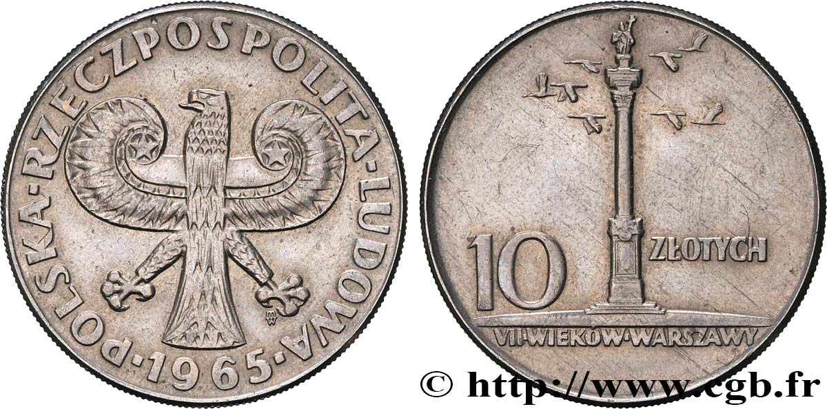 POLOGNE 10 Zlotych 700e anniversaire de Varsovie, colonne 1965 Varsovie SUP 