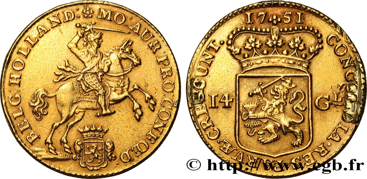 NETHERLANDS - UNITED PROVINCES - HOLLAND 14 Gulden ou Cavalier d or 1751 Dordrecht XF 