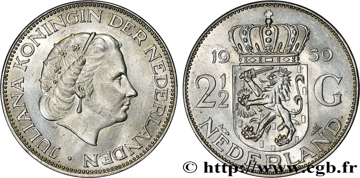 NETHERLANDS 2 1/2 Gulden Juliana 1959 Utrecht AU/MS 
