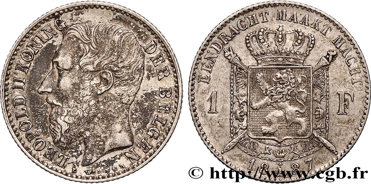 BELGIEN 1 Franc Léopold II légende flamande signature L WIENER 1887  fVZ 