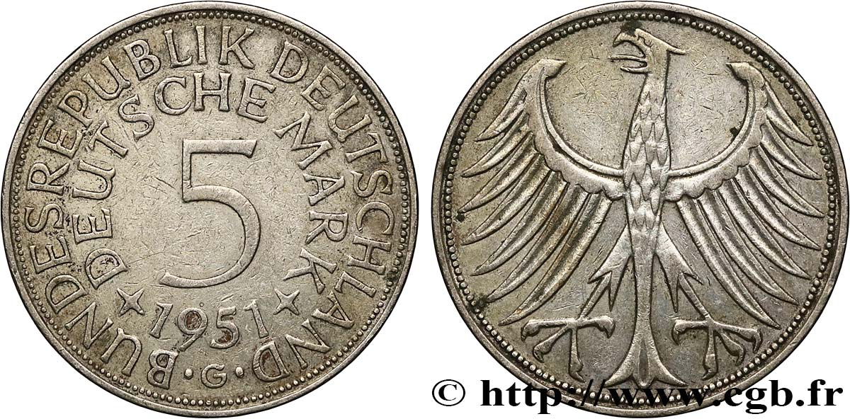 GERMANIA 5 Mark aigle 1951 Karlsruhe BB 