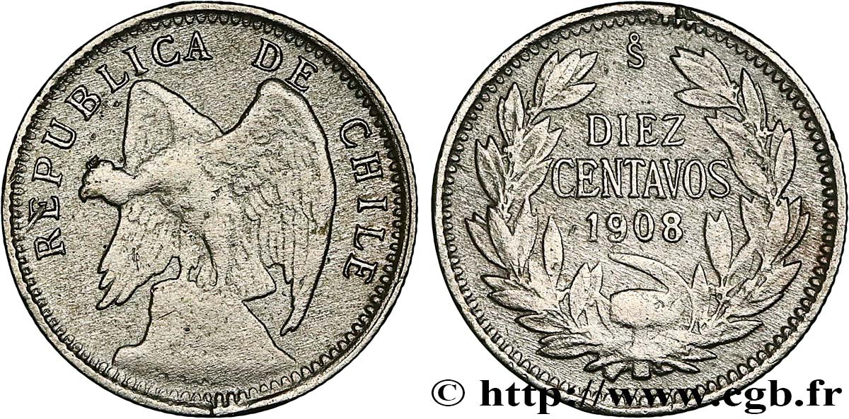 CHILE
 10 (Diez) Centavos condor 1908 Santiago - S° MBC 