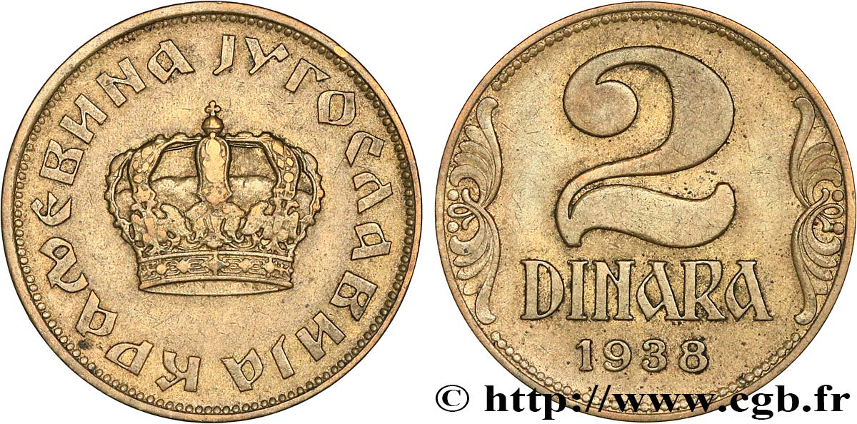 YOUGOSLAVIE 2 Dinara couronne 1938  TTB 