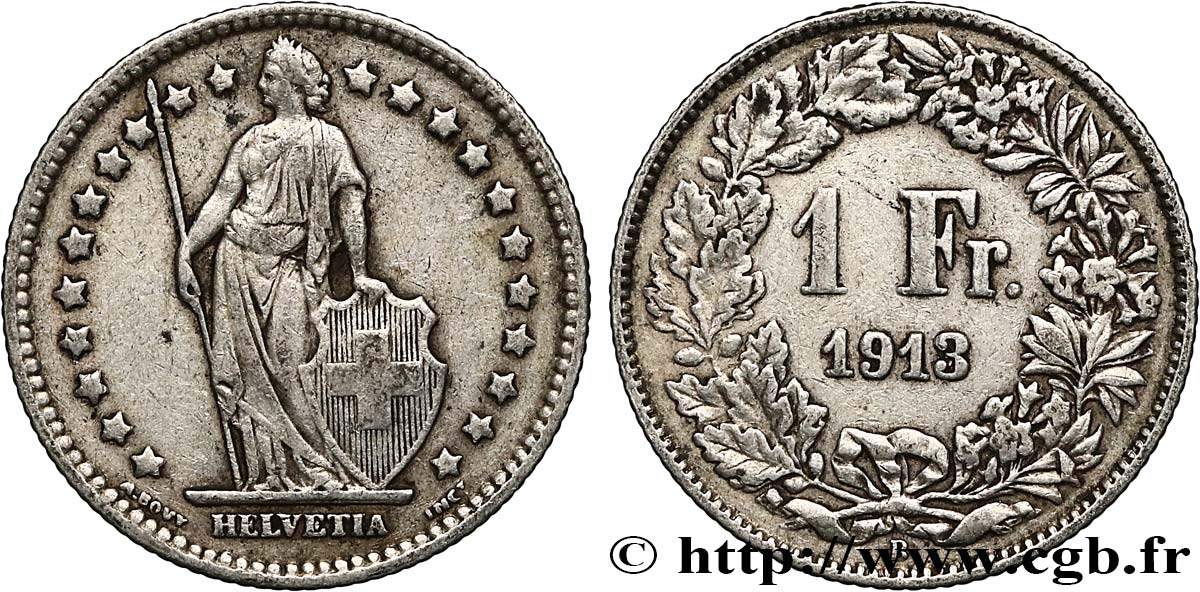 SWITZERLAND 1 Franc Helvetia 1913 Berne VF 