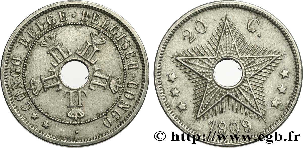 BELGISCH-KONGO 20 Centimes Léopold II 1909  VZ 