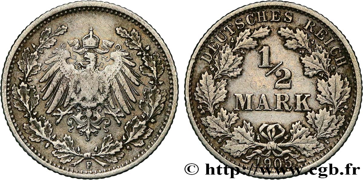 GERMANY 1/2 Mark Empire aigle impérial 1905 Stuttgart - F XF 