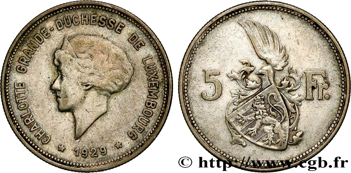 LUXEMBURG 5 Francs Grande-Duchesse Charlotte 1929  fSS 