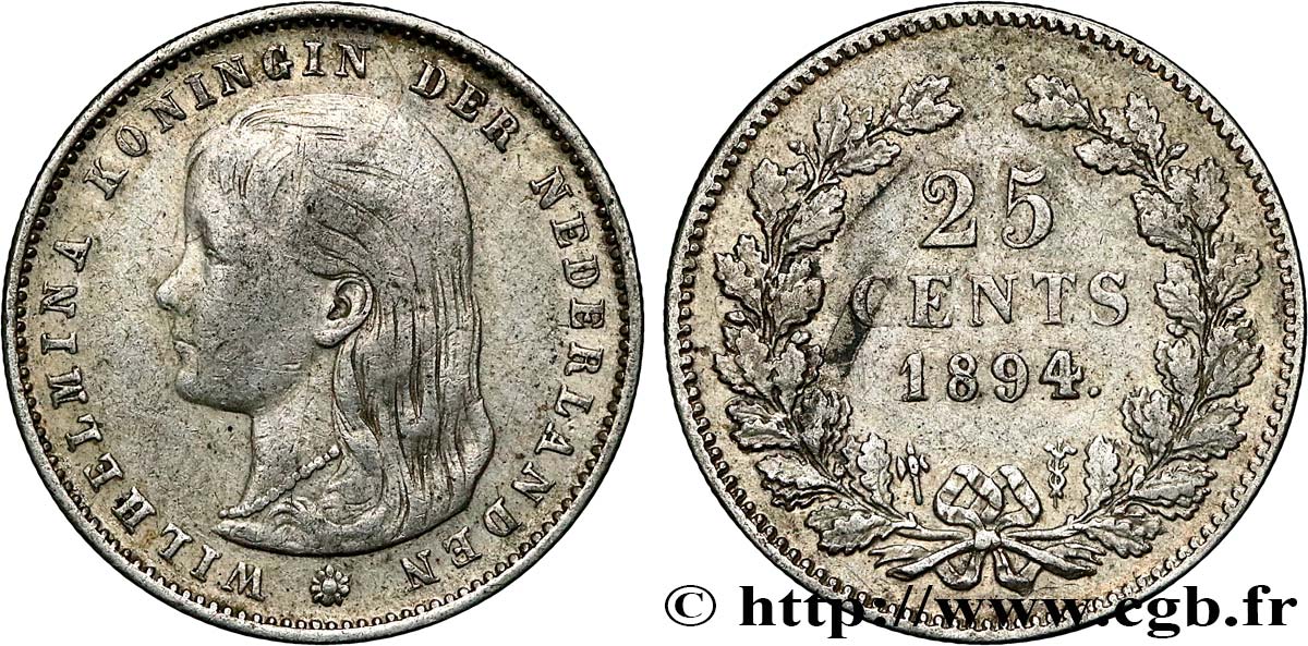 NETHERLANDS 25 Cents Wilhelmina 1894 Utrecht VF 