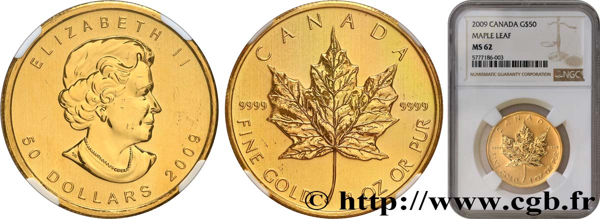 INVESTMENT GOLD 50 Dollars  Maple Leaf  Elisabeth II 2009  SPL62 NGC