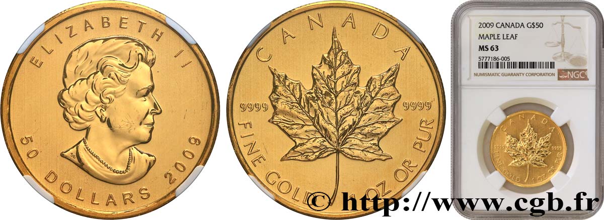 INVESTMENT GOLD 50 Dollars  Maple Leaf  Elisabeth II 2009  SC63 NGC
