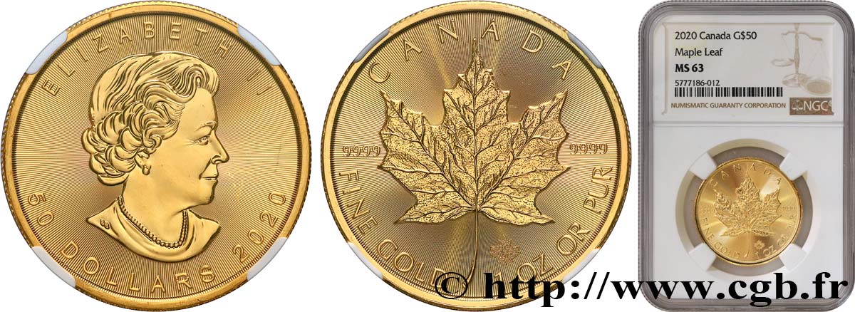 OR D INVESTISSEMENT 50 Dollars  Maple Leaf  Elisabeth II 2020  SPL63 NGC