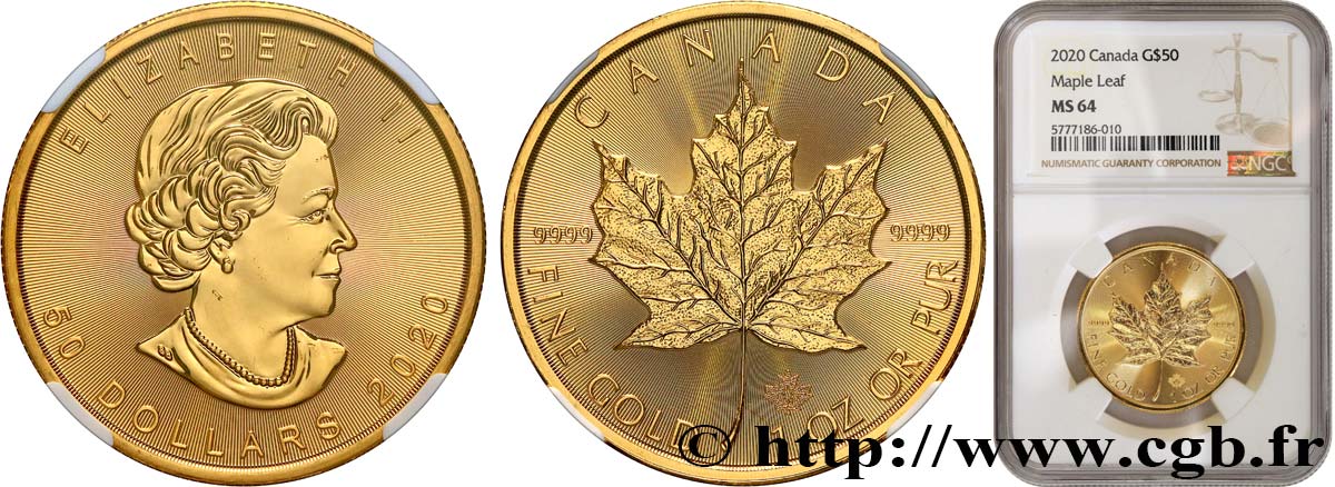 INVESTMENT GOLD 50 Dollars  Maple Leaf  Elisabeth II 2020  SC64 NGC