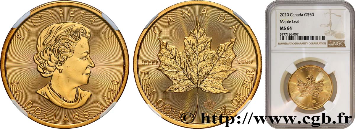 OR D INVESTISSEMENT 50 Dollars  Maple Leaf  Elisabeth II 2020  SPL64 NGC