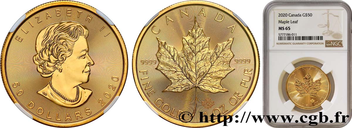 INVESTMENT GOLD 50 Dollars  Maple Leaf  Elisabeth II 2020  MS65 NGC