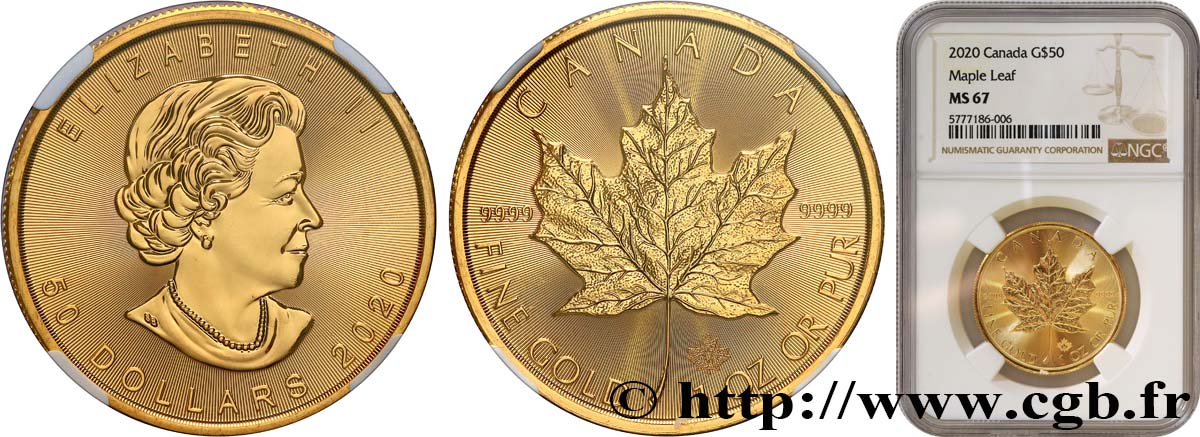OR D INVESTISSEMENT 50 Dollars  Maple Leaf  Elisabeth II 2020  FDC67 NGC