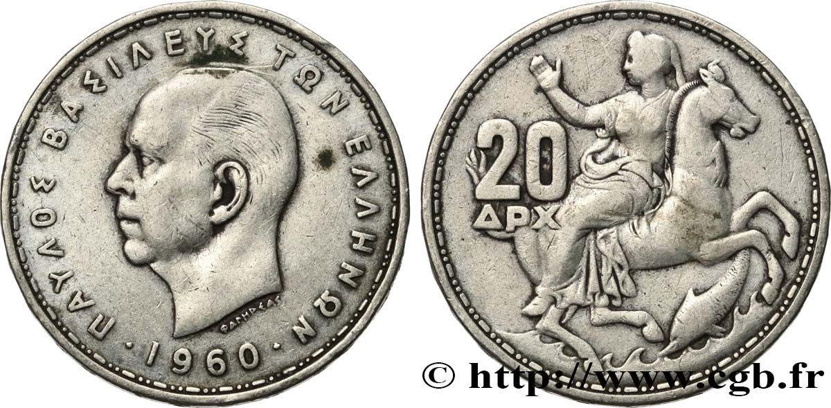 GRÈCE 20 Drachmes Paul Ier 1960  TTB 