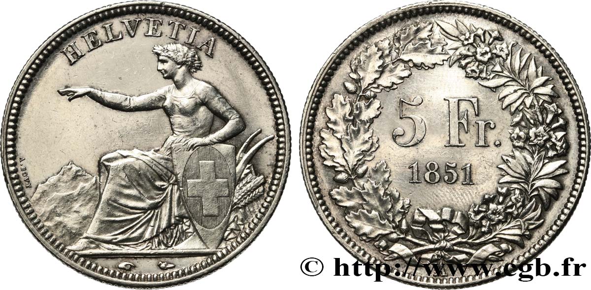 SWITZERLAND - CONFEDERATION 5 Francs 1851 Paris AU 