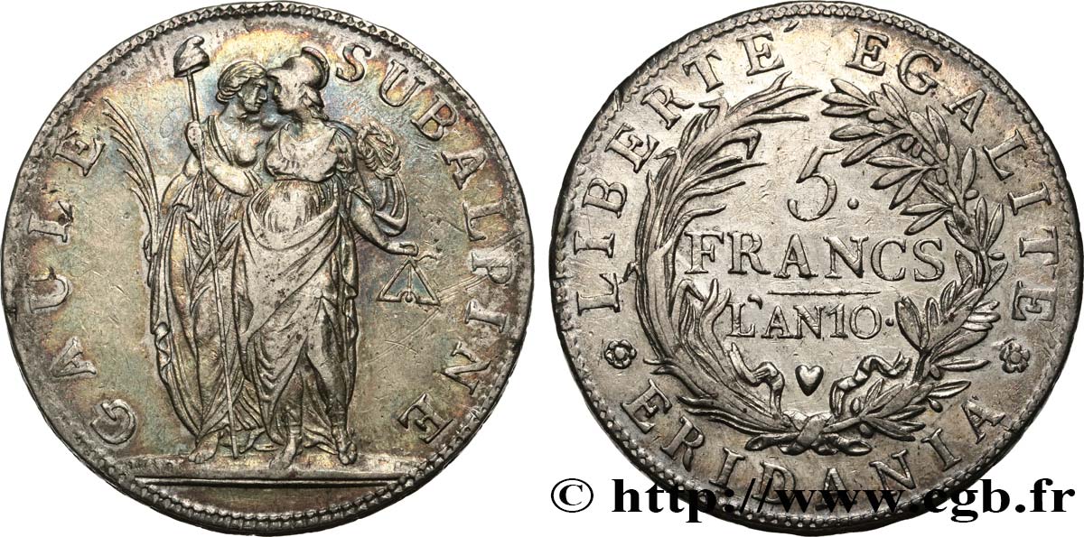 ITALIE - GAULE SUBALPINE 5 Francs an 10 1802 Turin TB+/TTB 