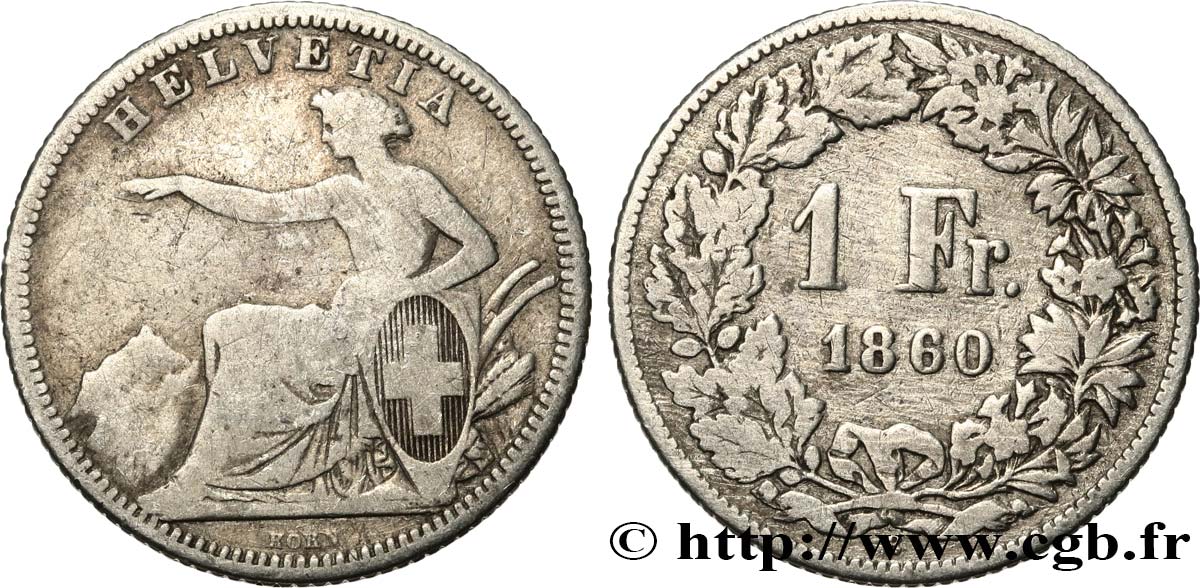 SVIZZERA  1 Franc Helvetia 1860 Berne MB 