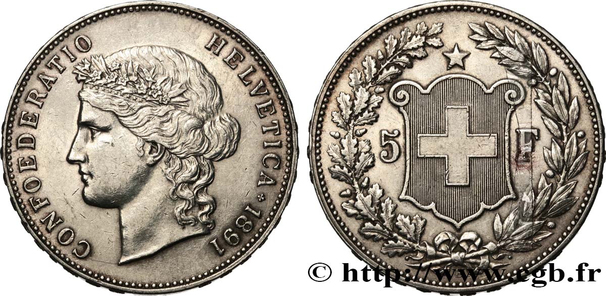 SWITZERLAND 5 Francs Helvetia buste 1891 Berne XF 