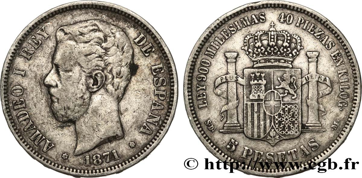 SPAIN 5 Pesetas Amédée Ier 1871 Madrid VF 