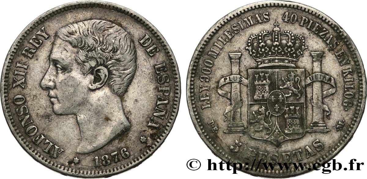 ESPAGNE 5 Pesetas Alphonse XII 1876 Madrid TTB 