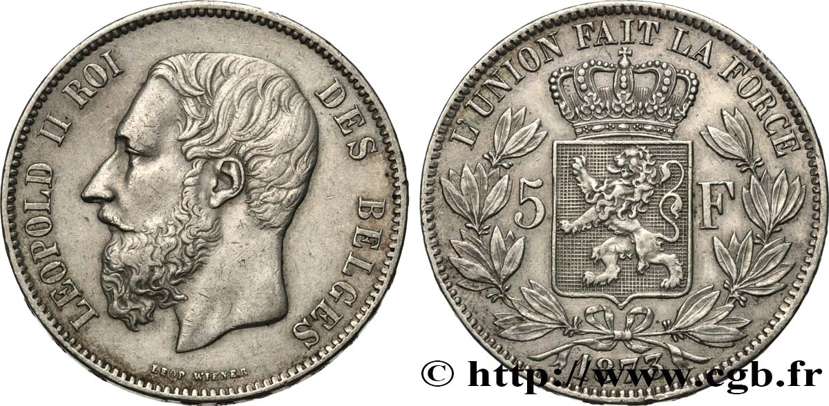 BELGIQUE 5 Francs Léopold II 1873  TTB 