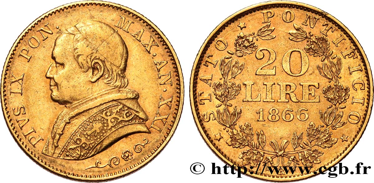 VATICAN AND PAPAL STATES 20 Lire Pie IX an XXI 1866 Rome AU/AU 