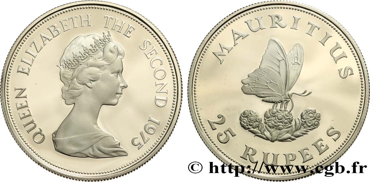 ÎLE MAURICE 25 Roupies Proof papillon 1975  SPL 