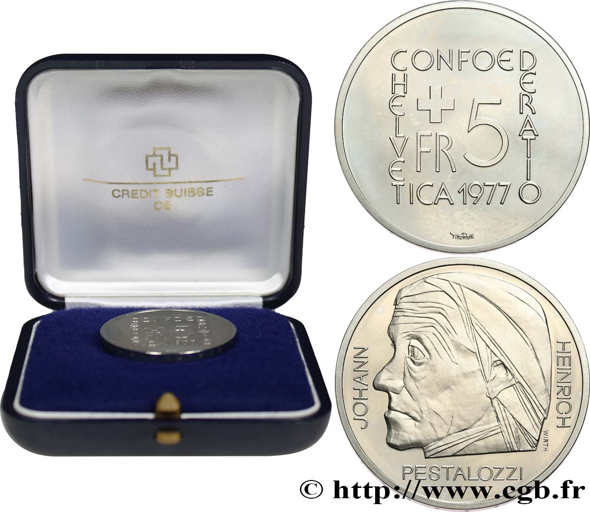 SWITZERLAND 5 Francs Proof 150e anniversaire de la mort Johann Heinrich Pestalozzi 1977 Berne - B MS 
