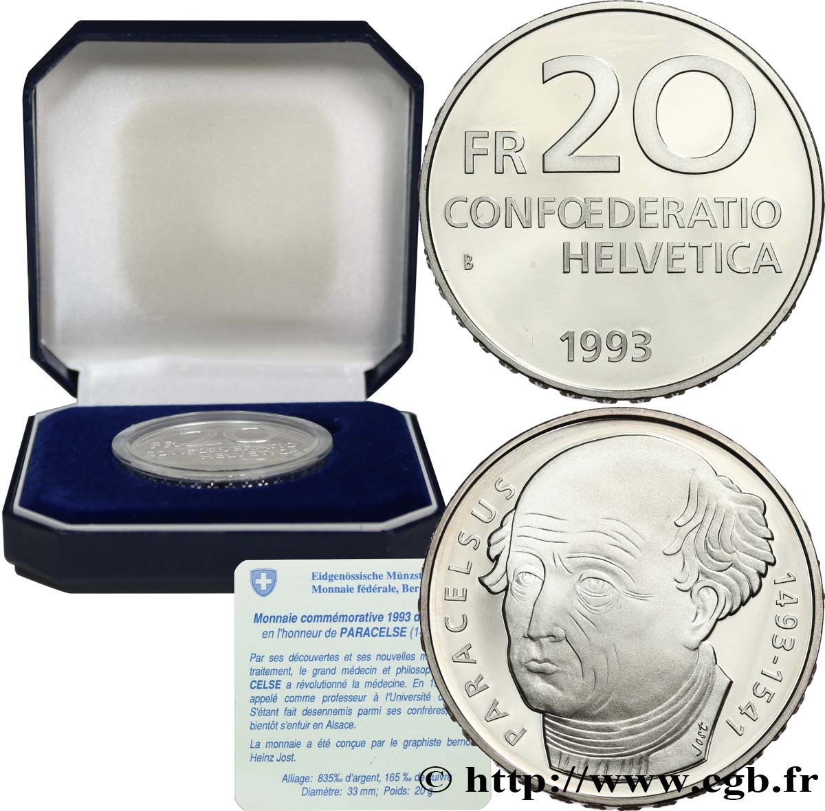 SWITZERLAND 20 Francs Proof 500e anniversaire de la naissance du médecin Paracelse  1993 Berne - B MS 