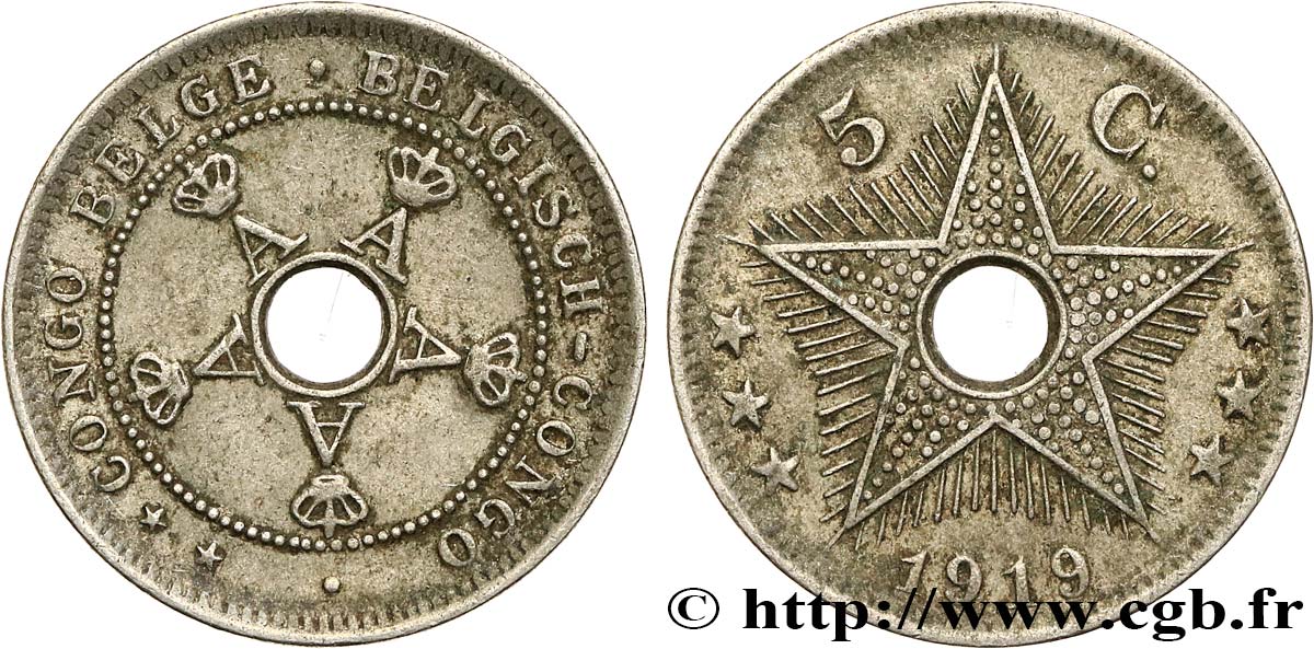 BELGISCH-KONGO 5 Centimes Albert Ier 1919 Heaton SS 