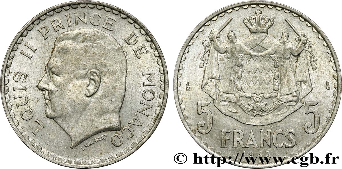 MONACO 5 Francs Louis II 1945 Paris SPL 