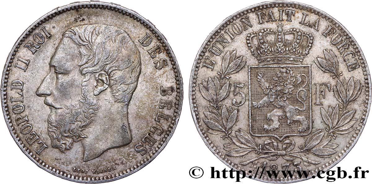 BELGIQUE 5 Francs Léopold II 1873  TTB 