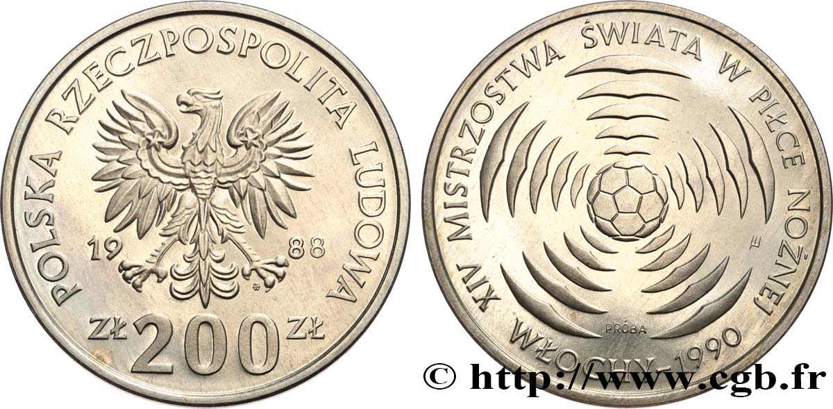 POLOGNE Proba 200 Zlotych Proof Coupe du Monde Italie 1990 1988  SPL 