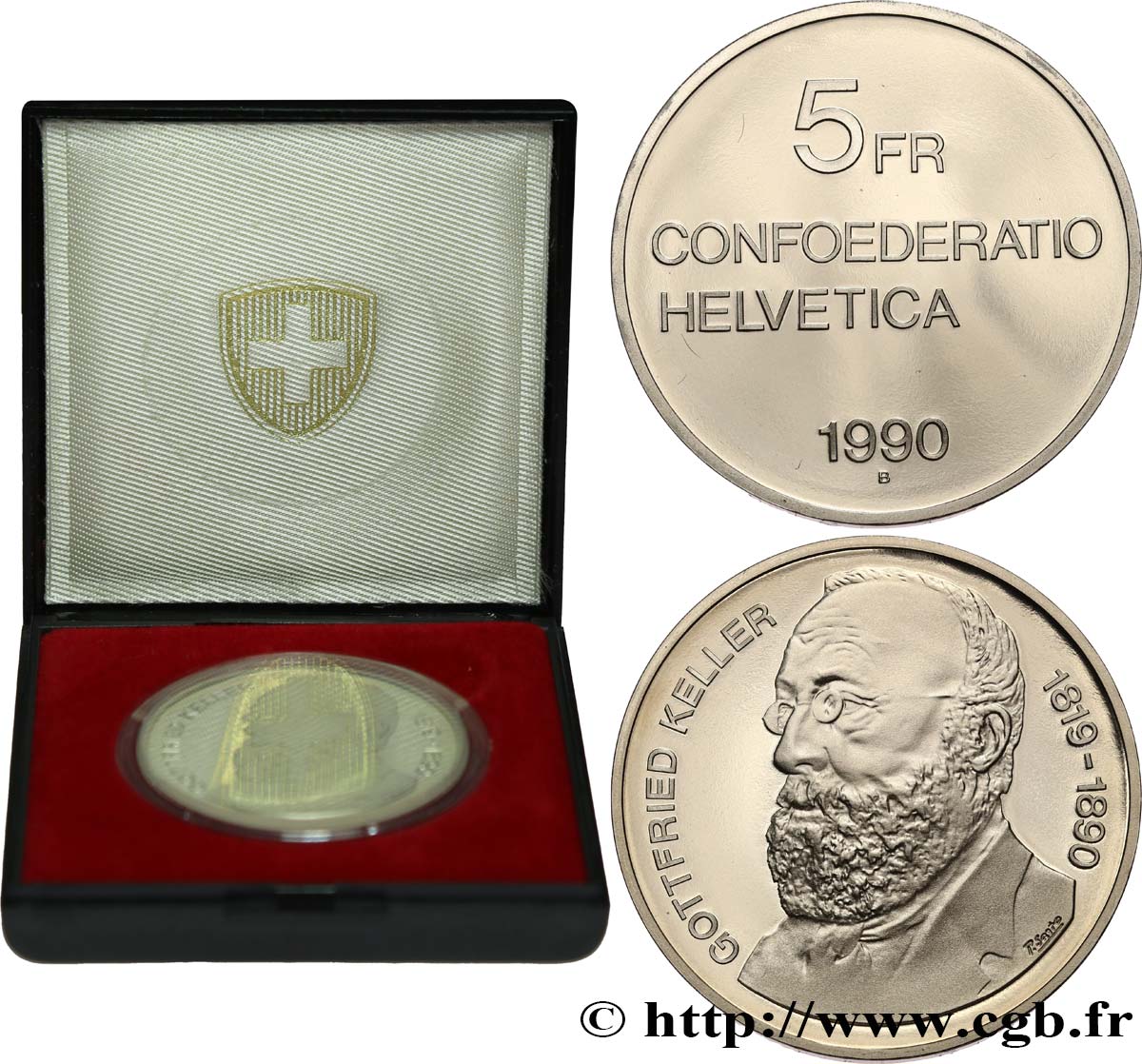 SCHWEIZ 5 Francs Proof 100e anniversaire de la mort de Gottfried Keller 1990 Berne fST 