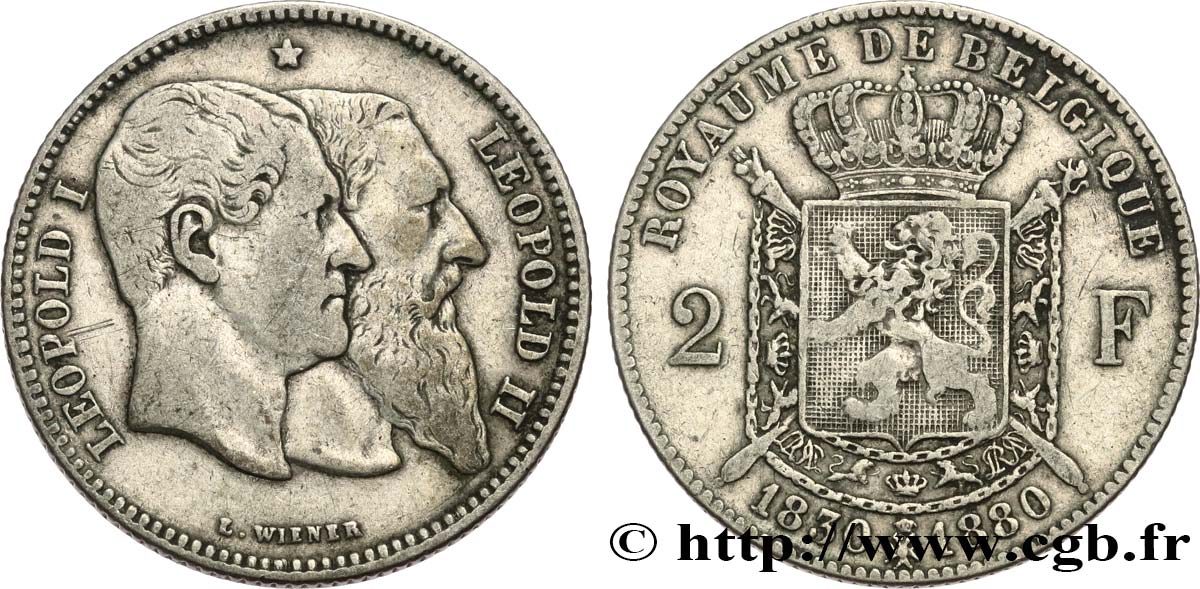 BELGIQUE 2 Francs 50e anniversaire de l’indépendance 1880  TB+ 