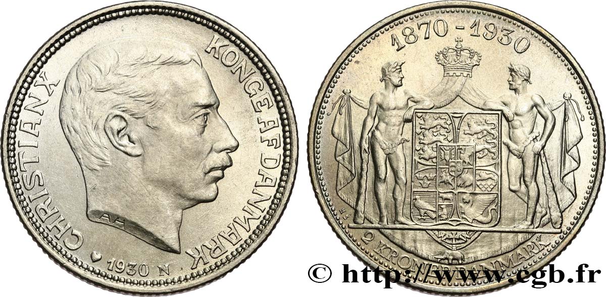 DANEMARK 2 Kroner 60e anniversaire du roi Christian X 1930 Copenhague SPL 