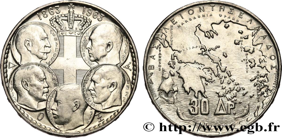 GRÈCE 30 Drachmes Centenaire de la dynastie danoise 1963  SUP 