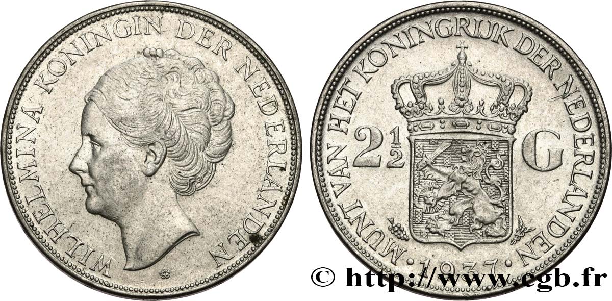 PAYS-BAS 2 1/2 Gulden Wilhelmina 1937 Utrecht TTB+ 