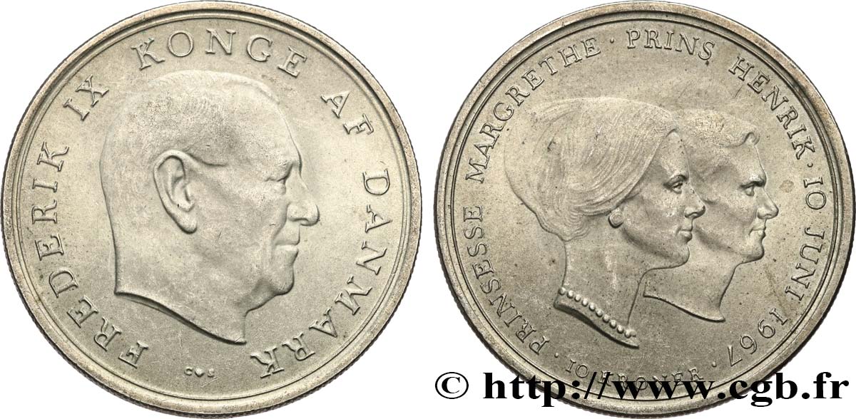 DÄNEMARK 10 Kroner mariage de la princesse Margrethe 1967 Copenhague VZ 