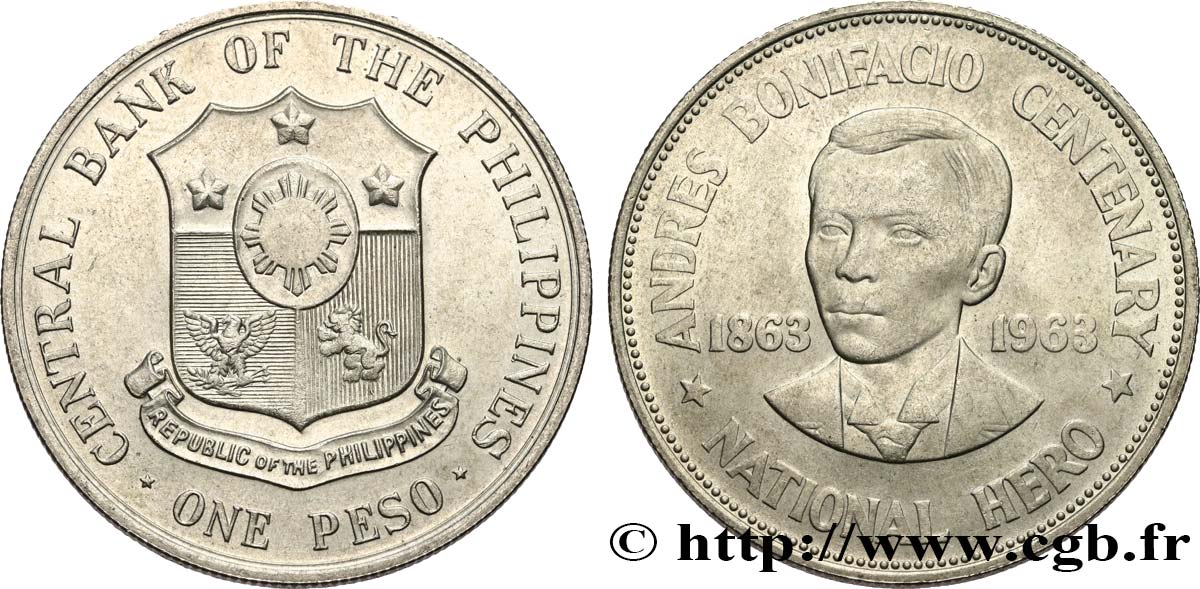 PHILIPPINES 1 Peso centenaire de la naissance d’Andres Bonifacio 1963  SPL 