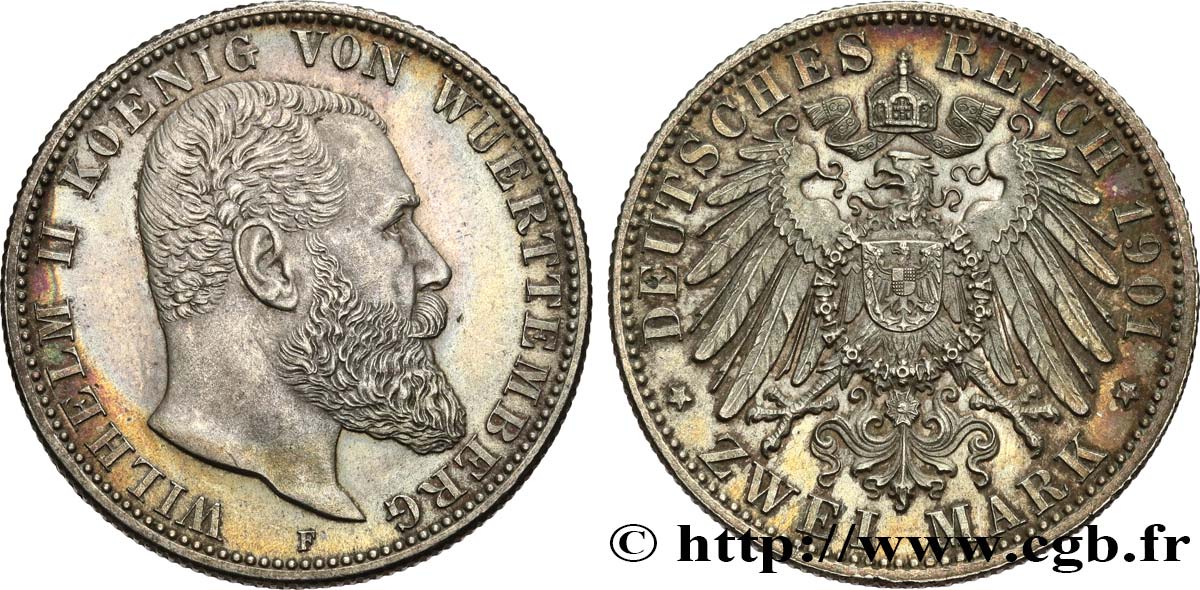 ALLEMAGNE - WURTEMBERG 2 Mark Guillaume II 1901 Stuttgart TTB+ 