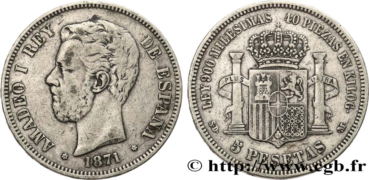 ESPAGNE 5 Pesetas Amédée Ier 1871 Madrid TB+ 