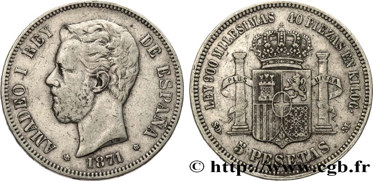 ESPAGNE 5 Pesetas Amédée Ier 1871 Madrid TB+ 