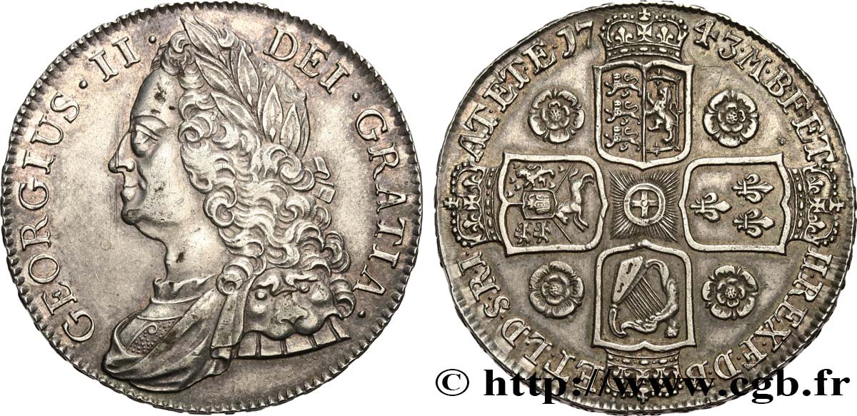GRANDE-BRETAGNE - GEORGES II Crown (couronne) vieille tête 1743 Londres TTB+/SUP 
