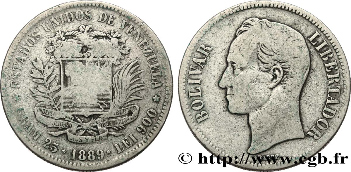VENEZUELA 5 Bolivares Simon Boliva 1889 Caracas B+ 