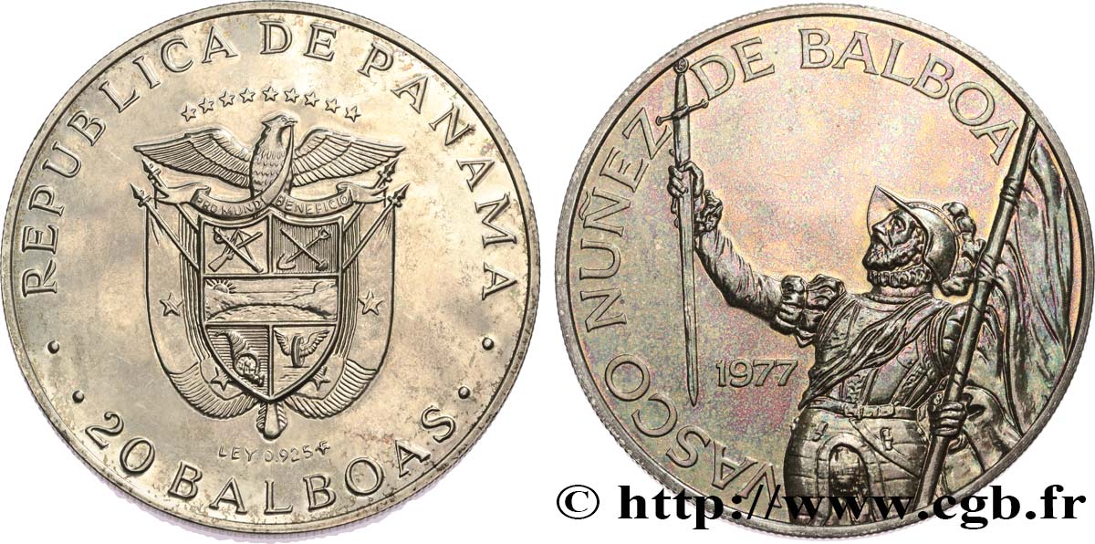 PANAMA 20 Balboas 75e anniversaire - Vasco Nunez de Balboa 1977  SPL 