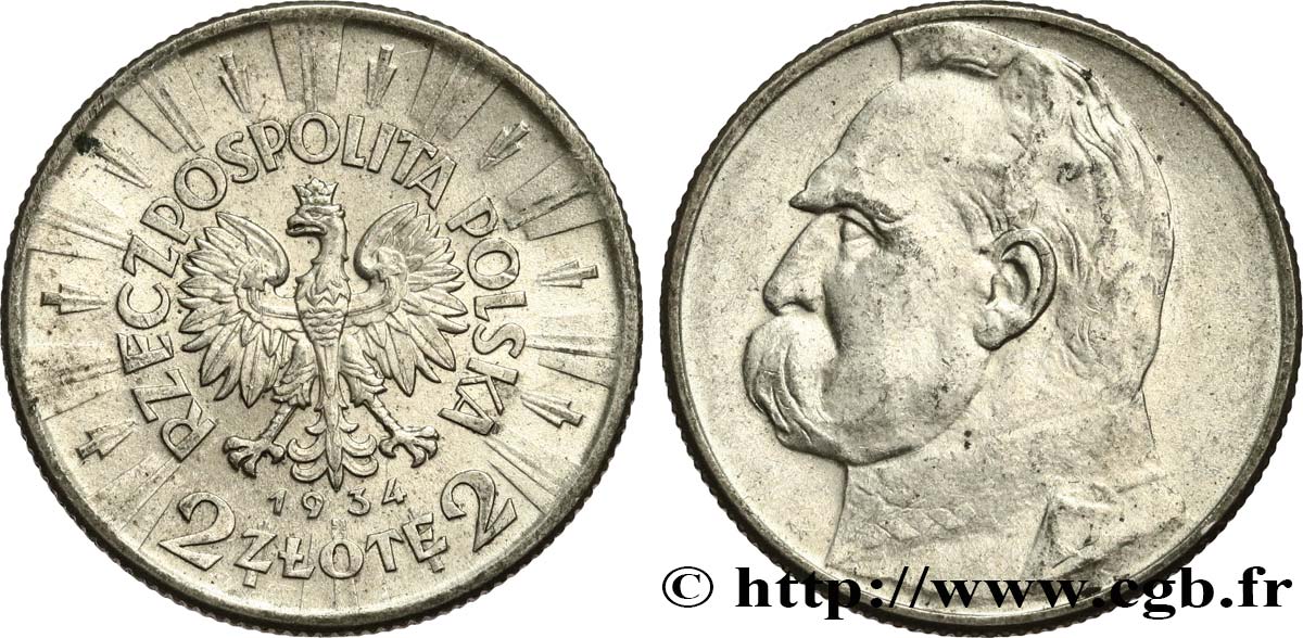 POLOGNE 2 Zlote aigle Joseph Pilsudski, 20e anniversaire de la fondation de la Ligue des fusiliers polonais 1934 Varsovie TTB+ 