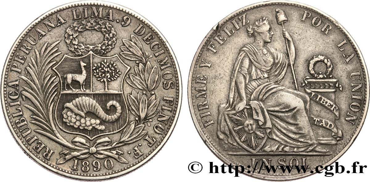 PERU 1 Sol “Liberté” assise 1890 Lima BB 